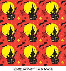 Halloween set collection elements on orange background for greetings. Spiderweb, bats, moon, castle seamless pattern. Vector illustration.