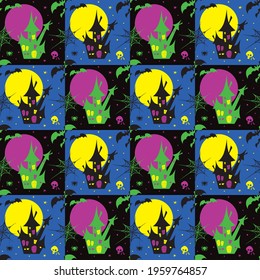 Halloween set collection elements on blue and black square background for greetings. Spider, bats, cat, wizard hat, moon, castle, cemetery, pumpkin seamless pattern. Vector illustration.