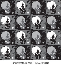 Halloween set collection elements on grey square background for greetings. Spider, bats, cat, wizard hat, moon, castle, cemetery, pumpkin seamless pattern. Vector illustration.