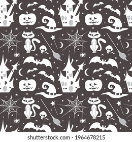 Halloween set collection elements on grey background for greetings. Spider, bats, cat, wizard hat, moon, castle, cemetery, pumpkin seamless pattern. Vector illustration.