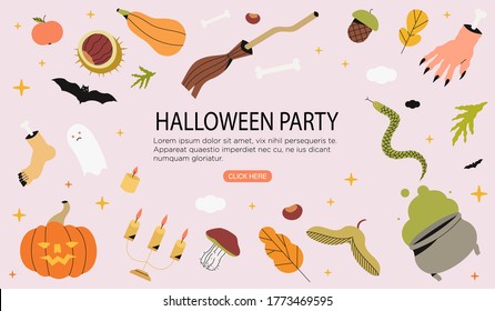 Halloween set or collection of elemnets in a trendy minimalistic style. Banner, flyer, social media page  for halloween party, event, invitation card, background. Autumn magic and witchcraft element.