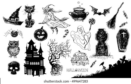 Halloween set. Collection of hand- drawn Halloween related items and animals. Stylized human skull, black cat, carved pumpkin, witch, hat, ghost, owl and spider over white background.