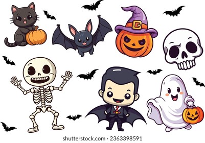 Halloween Set Collection for Kids: Cute Funny Vampire, Dracula, Skeleton, Skull, Cat, Pumpkin, Witch Hat, Bat Silhouette Vector Illustration
