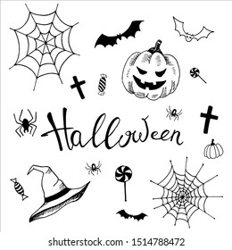 Halloween set. Collection os simple doodle elements for halloween holiday design. Hand drawn illustrations. Vector, isolated on white. 
