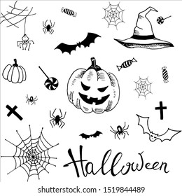 Halloween set. Collection os simple doodle elements for halloween holiday design. Hand drawn illustrations. Vector, isolated on white. 