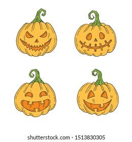 Halloween Set of colored Jack lamp in sketch style isolated on white. Festive objects for packages, backgrounds, web pages