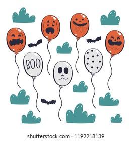 Halloween set of colorful balloons with scary faces for greeting card or party invitation. Vector illustration.