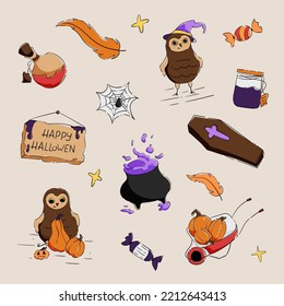 Halloween set of colorful doodle objects. Set of cartoon owl, coffin, potion, pumpkin, spider, candy.  Cartoon vector illustration.