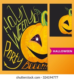Halloween set. Colorful poster with pumpkin and inscription Halloween party Boo!!! for your artworks. 