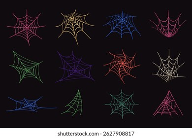 Halloween Set of Colorful Spider Webs in Outline Hand Drawn Style. Doodle arachnid web perfect for cards, party invitations, web