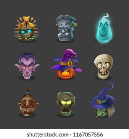 Halloween Set of colorful spooky icons of classic monsters. Vector illustration.