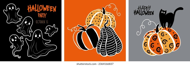 Halloween. Un conjunto de ilustraciones vectoriales coloridas con tipografía. Lindos fantasmas dibujados a mano, calabazas y un gato negro para postales, afiches, invitaciones, empaque, fondos de pantalla, web, redes sociales.