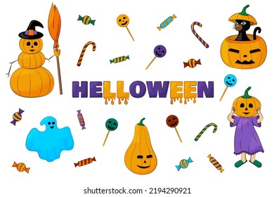 Halloween set with colourful holiday symbols. Pumpkin, black cat, candy, costume, snowman and other Halloween elements. Text.