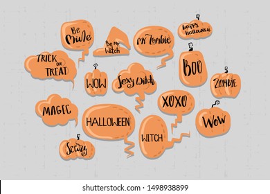Halloween set comic text speech bubbles set with text. happy Halloween, trick or threat, wow, boo, witch. Vector doodle illustration isolated icons. Pumpkins with happy Halloween phrase.