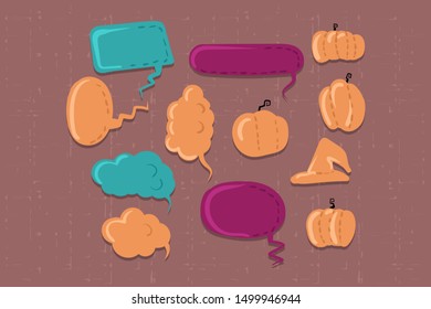 Halloween set comic text speech bubbles set with text. happy Halloween, trick or threat, wow, boo, witch. Vector doodle illustration isolated icons. Pumpkins with happy Halloween phrase.