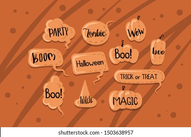Halloween set comic text speech bubbles set with text. happy Halloween, trick or threat, wow, boo, witch. Vector doodle illustration isolated icons. Pumpkins with happy Halloween phrase.