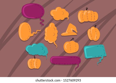 Halloween set comic text speech bubbles set with text. happy Halloween, trick or threat, wow, boo, witch. Vector doodle illustration isolated icons. Pumpkins with happy Halloween phrase.