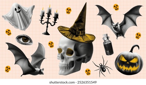 Halloween set concepto diseño con calabaza cráneo bruja sombrero puntiagudo fantasma murciélago vela araña ojo poción retro halftone grunge efecto punteado collage Elementos colección aislado sobre fondo naranja