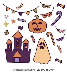 Halloween set containing Stingy Jack pumpkin, candies sticks, feathers, ghost, castle and pennants. Vector illustration isolated on white background.