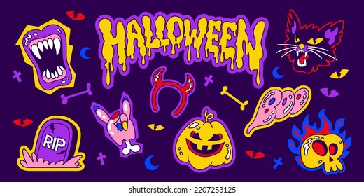 Conjunto de stickers geniales de Halloween. Pegatinas de otoño con personajes dibujados a la moda y elementos como vampiro, fantasma, cráneo, calabaza, lápida, mano zombie y gato negro. Grabado de Halloween. Vector.