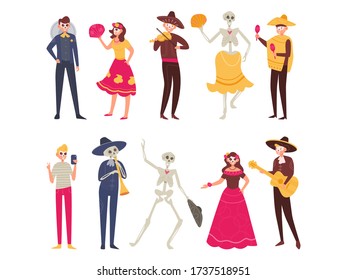 Halloween set Costumes Dia de los muertos Vector. Cartoon. Isolated art on white background. Flat