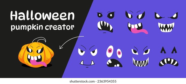 Halloween set. Create your own poke design. Designer of symbol of an orange pumpkin with various eyes and smile. Vector illustration. Set for design your own emoticons, stickers, party invitations.
