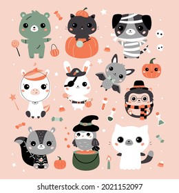 Halloween set with cute animals in costumes - pirate, zombie, witch, wizard, skeleton, mummy, unicorn, and ghost. Cartoon kawaii characters with candy and sweets. Vector illustration.