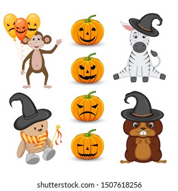 Halloween set with cute animals and traditional attributes on white background. Cartoon style. Vector
