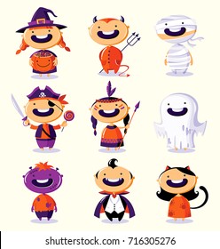 Halloween set of cute cartoon children in colorful costumes