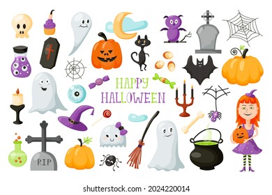 Halloween set with cute cartoon elements of a scary holiday. Good ghosts, black cat, little witch girl, pumpkins, candles, cauldron with a potion, graves and sweets in a flat style. Modern vector art
