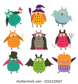 Halloween set of cute cartoon owls in costumes: witch, ghost, Dracula, vampire, jack-o'-lantern, bat,  and devil. Kit of cliparts for Halloween. 