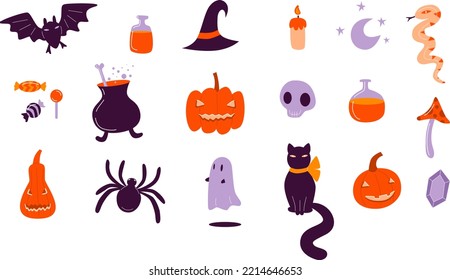 Halloween set with cute cartoon pumpkins, ghost, cat and other holiday elements.