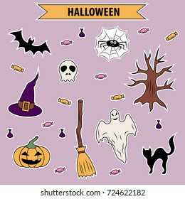 Halloween set of cute characters. Halloween stickers. Vector illustration. Cat, bat, candy, spider, pumpkin, skull, tree, witch's cap, ghost.
