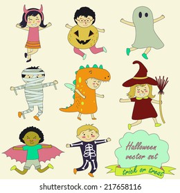 Halloween set with cute children in halloween suits. Trick or treat