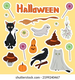 Halloween set with cute and creepy characters and more.Happy Halloween stickers.Set with festive pumpkin,hat,candy for october party