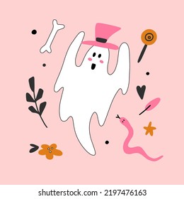 Halloween Set mit süßen Design-Elementen. Kinderkollektion für Mädchen - Geist und rosafarbene Schlange. Ideal für Karten, Druck, Einladung, Partydekoration. Vektorsymbole auf rosafarbenem Hintergrund