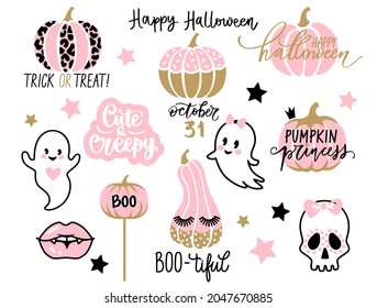 Halloween set and cute elements  Kawaii pumpkin  cartoon ghost  vampire lips  halloween quotes  October 31 kids illustrations 