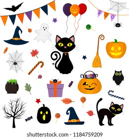 Halloween set of cute elements, objects and icons for your design in a cartoon style, isolated on a white background. Vector, flat.