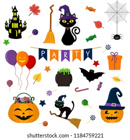 Halloween set of cute elements, objects and icons for your design in a cartoon style, isolated on a white background. Vector, flat.