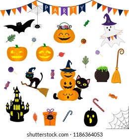 Halloween set of cute elements, objects and icons for your design in a cartoon style, isolated on a white background. Vector, flat.