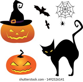 Halloween set of cute elements, objects and icons for your design in a cartoon style, isolated on a white background.  Scary pumpkin in a hat, black cat, spider web and spider, bat.  Vector Eps. 8