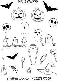 Halloween set of cute elements, objects and icons for your design in a cartoon style.  Vector illustration in black outline on white background.