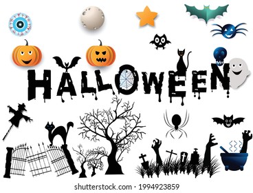 It is halloween set of cute elements.Icons for cartoon style. Animal,Black Cat,Black Color,Candy. Vector Halloween and flat style concept.