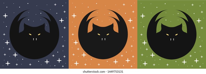 Halloween set of cute and evil black bats on night sky with stars.