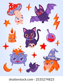 A Halloween set of cute funny characters highlighted on a white background. A cartoon vector toad in a witch's hat, a cat with a skull, a fly agaric, a cauldron with a potion, a raven, a bat, a candle