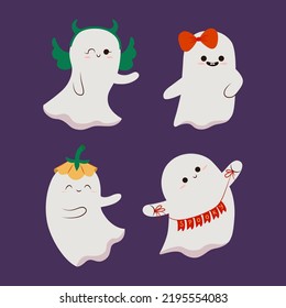 Halloween set of cute funny ghosts. Childish spooky characters for kids with different emotions, hats and face expressions.