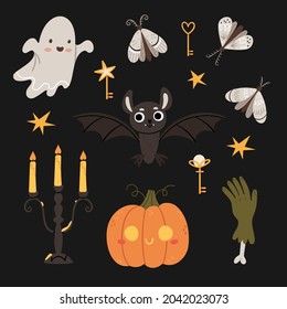 Halloween Set. Cute Ghost, Bat, Gothic Candlestick, Zombie Hand, Moth, Magic Keys, Halloween Pumpkin. Autumn Mood. Night Sky.