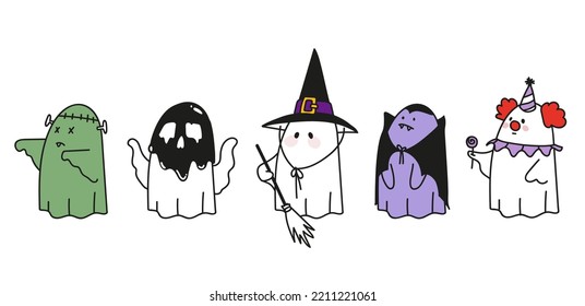 Halloween set cute ghost dressed as frankenstein, dracula, vampire, witch, clown, poison. Trick or treat. vector doodle illustration isolated on white.