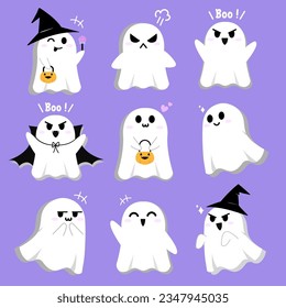 Halloween set of Cute Ghost in Various Spooky boo with emotions and facial Expressions. character cartoon with hand drawn in flat design. Graphic elements and Vector Illustrations.