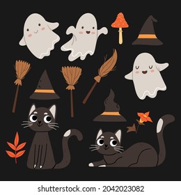 Halloween set. Cute ghosts, black cats, witch hats and brooms. Autumn mood. Night sky.